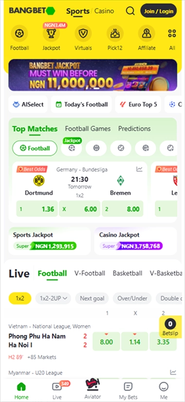 Bangbet mobile sports page with Bundesliga odds