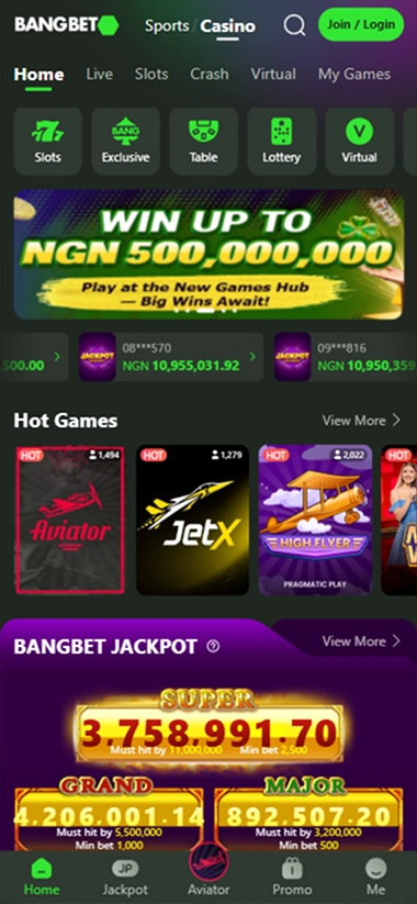 Bangbet mobile casino lobby with Aviator and JetX