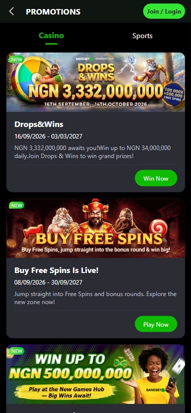 Mobile promotions page with Drops and Wins